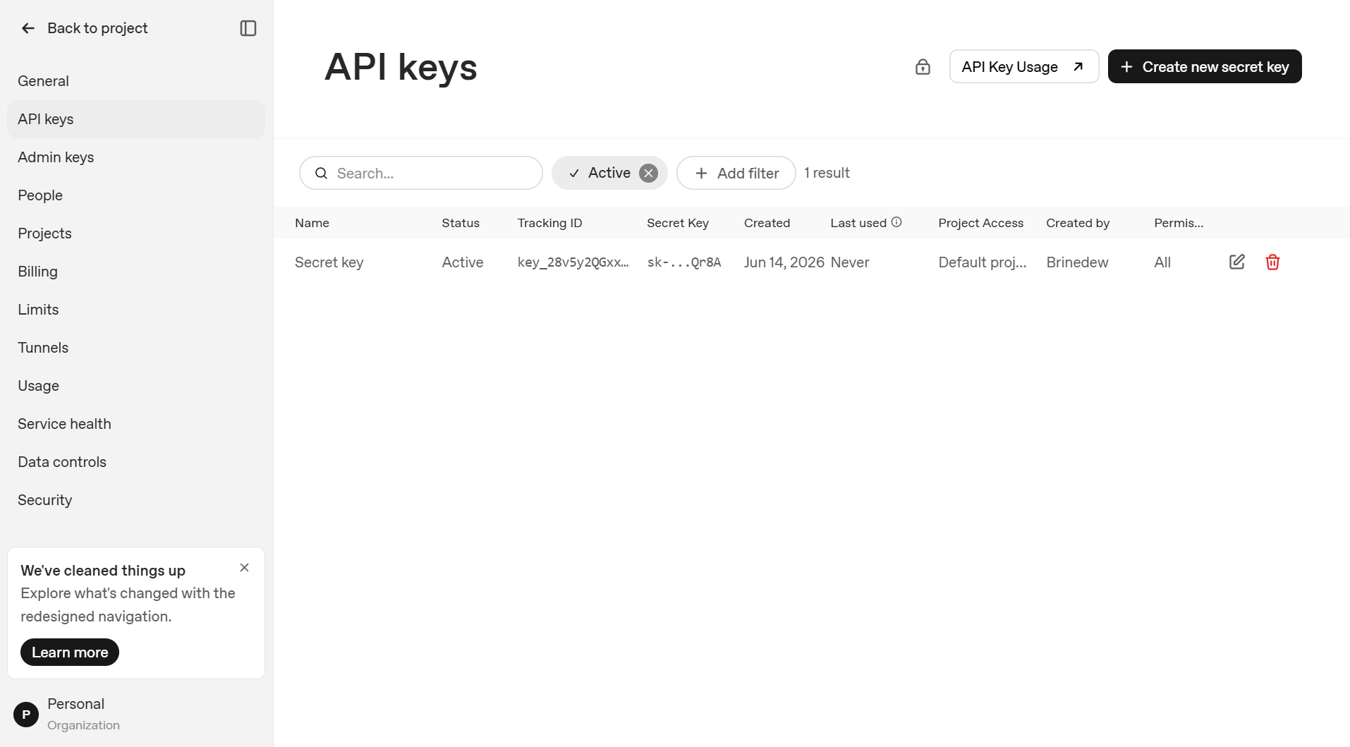 OpenAI API Keys menu