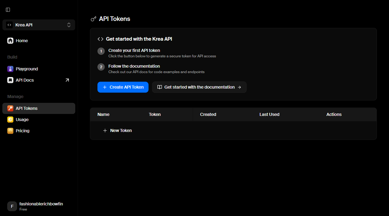 Krea API Tokens page