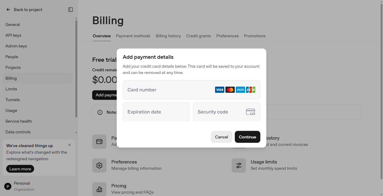 OpenAI billing — Stripe credit card form