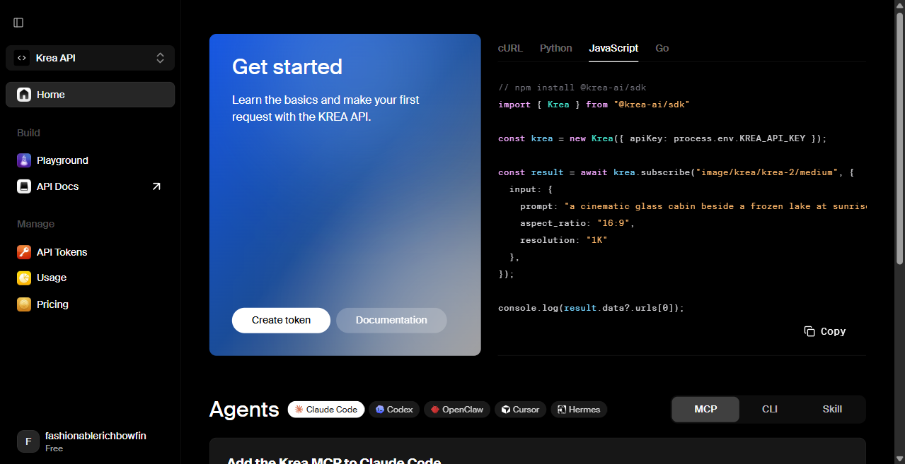 Krea API balance — prepaid USD balance separate from web app credits