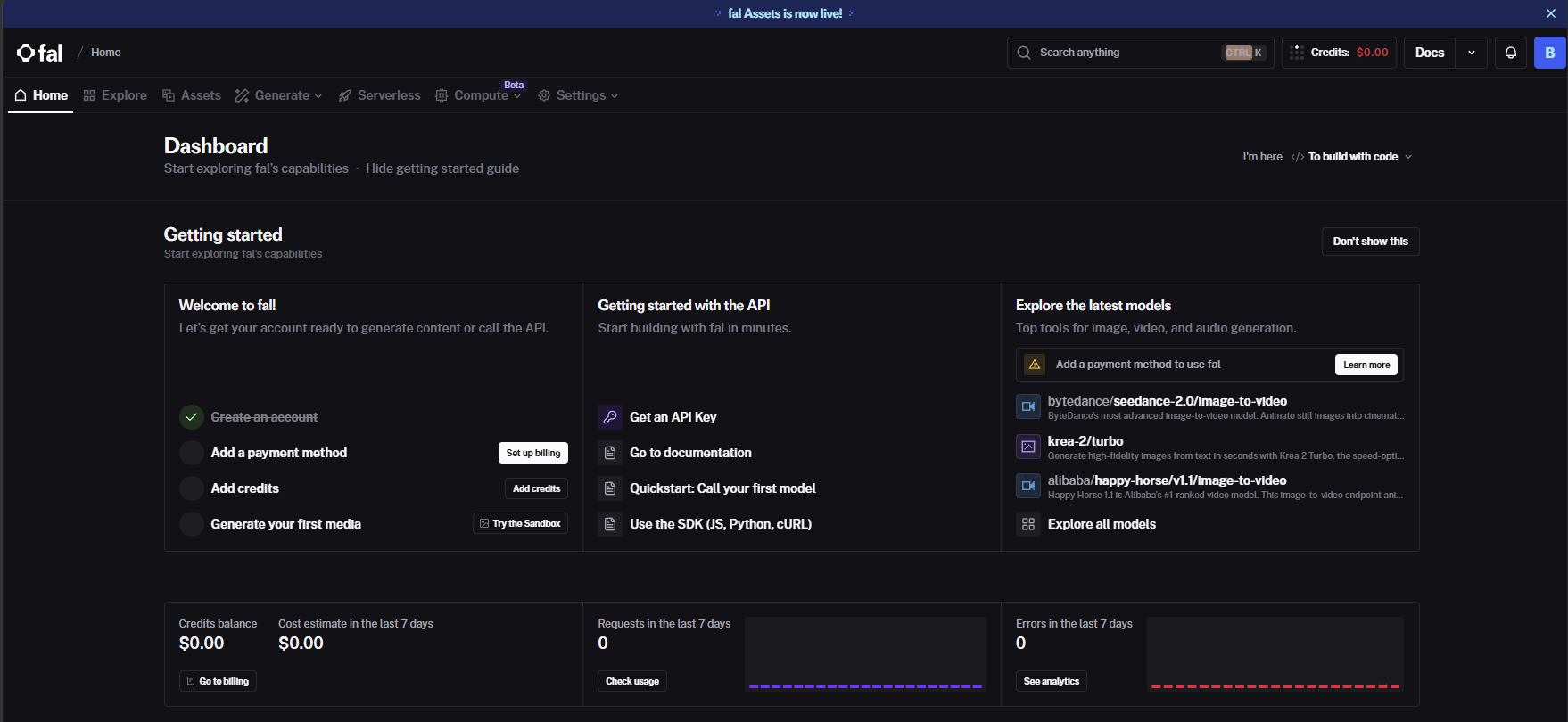 fal dashboard main page